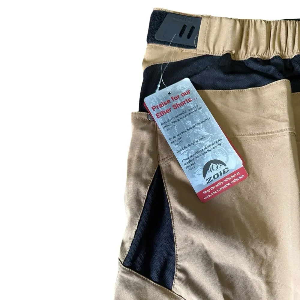 Zoic Ether Bike Shorts Mens Size L Tan Stretch Pockets Adjustable Waist